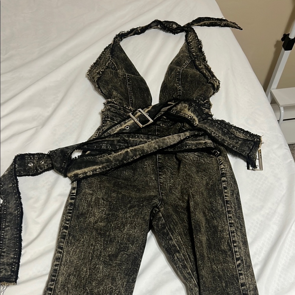 Women's Black Denim Halter Jumpsuit